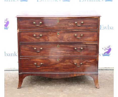 19th century mahogany straight front chest of four long graduated drawers on splayed bracket feet, h92 x w101 x d49cm, 