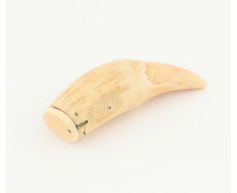 19th century whale's tooth snuff box, 11cm long,Condition Report:  Surface marks and wear consistent with age and use, cover 
