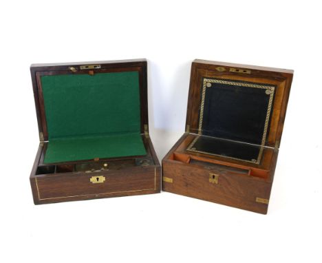 Early 19th century rosewood and brass inlaid writing box, of rectangular form, enclosing a baize lined slope, inkwell and com