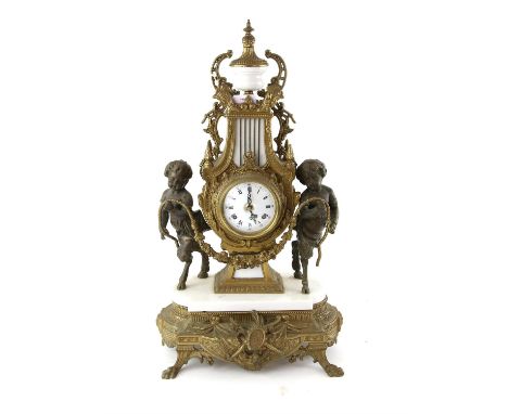 Italian brass mantle clock in the French style, by C. Zanardi, of lyre form with two hoofed nymphs holding a garland, the twi