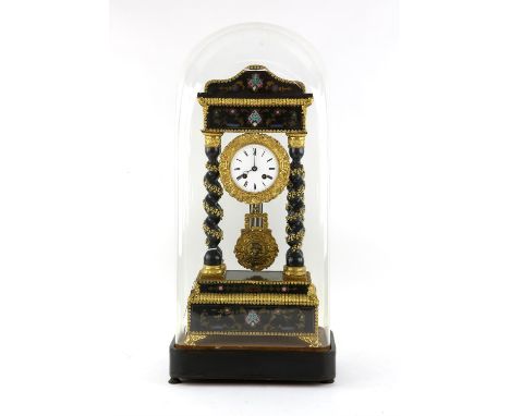 19th century French brass and coloured inlaid ebonised portico clock, the enamelled dial within gilt metal mounted barley twi