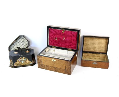 Mid 19th century burrwood and walnut sewing box, of rectangular form enclosing a silk lining to the top and silvered paper tr