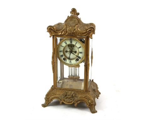 Early 20th century French presentation four glass mantle clock, the two train movement striking the hours and half hours on a