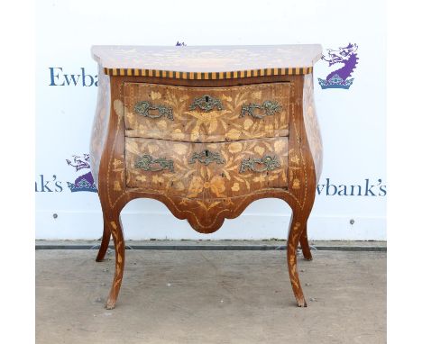 Dutch 19th century style inlaid bombe commode, the top depicting a basket of flowers with birds and moths, over two drawers d