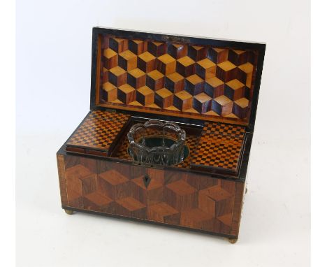 19th century crossbanded and parquetry tea caddy, of rectangular form, enclosing a chequered interior with two removable lidd