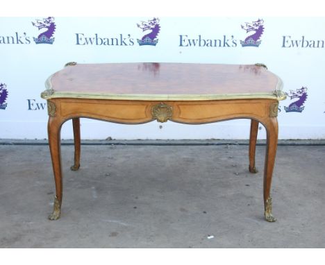 French style parquetry and brass mounted occasional table, by Lysberg & Hansen of Copenhagen, the shaped rectangular top over