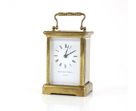 Brass carriage timepiece clock, Matthew Norman, of conventional form with enamelled dial, single train movement, 15 cm high