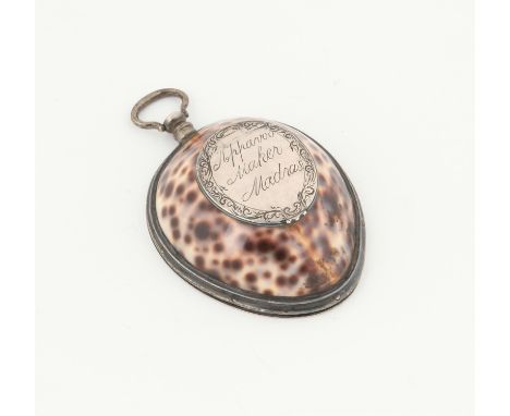 18th/19th century shell and white metal mounted snuff box,  cover engraved 'Appavoo maker Madras', the base 'J Atkinson Londo