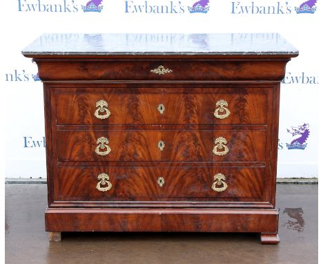 † AMENDED DESCRIPTION - French Empire marble top mahogany commode, the grey marble top with moulded edge over a moulded friez