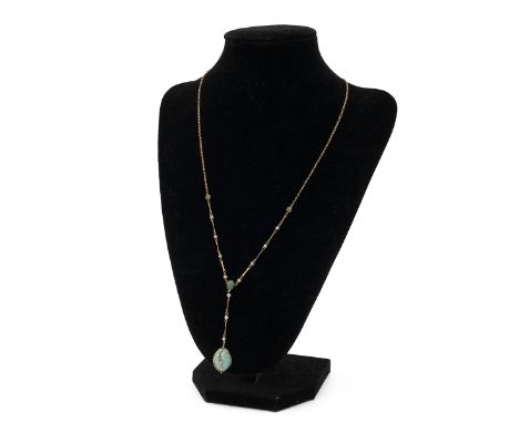A turquoise and seed pearl pendant chain, with indistinct marks to the chain.