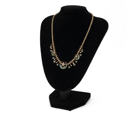 A late Victorian turquoise and seed pearl necklace, the frontispiece composed of three graduated star and crescent motifs, wi