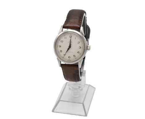 Tudor Oyster men's manual wind wristwatch. 34mm stainless steel case with white dial, Arabic numeral hours, black and luminou