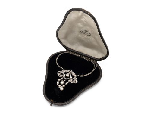 Belle Epoque diamond and pearl pendant necklace, the wreath and ribbon top enclosing a pearl drop, with another pearl drop be