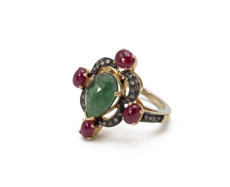 Emerald, ruby and diamond ring. The central emerald enclosed by rose cut diamonds and rubies at the compass points, rose cut 