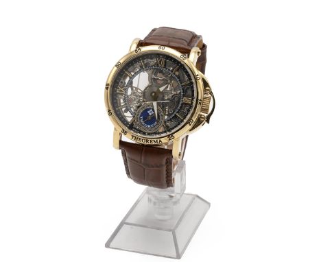 Men's Theorema skeleton face wristwatch. Manual wind, 45mm gold plated case, 3ATM GM-101, brown leather strap with gold plate