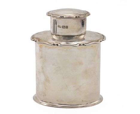 Silver tea caddy, of oval form, with pull-off lid and shaped outline, Sheffield 1907, Atkin Brothers, 134g.