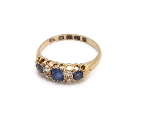 Late Victorian sapphire and diamond 18ct gold ring, Birmingham 1888, finger size K 1/2, 2.8g gross.