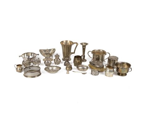 Collection of miscellaneous silver items to include beakers, single candlestick, dishes, bowls and other items, various dates