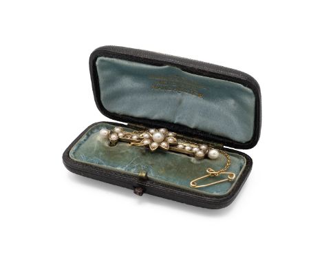 A pearl set brooch, circa 1900, the pearls untested and unwarranted, the mount unmarked, approximately 4.5cm long and 5.8g gr