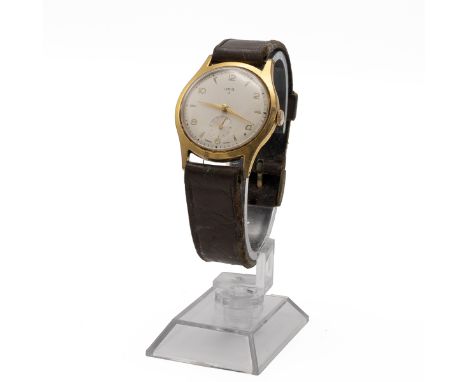 Vintage men's Oris 15 manual wind wristwatch. 34mm gold plated case, brushed steel dial with gold plated leaf hands, subsidia