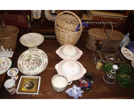 A pair of Clarice Cliff tureens; a wicker basket; a Danish baluster pottery vase; A Copeland Italian blue and white leaf dish