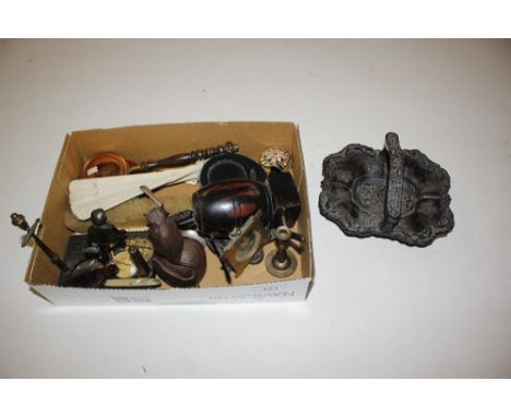 A tray box and various contents to include a bronzed Mouse figure, novelty ornaments, enamel glass pill box, bronzed lamp fig