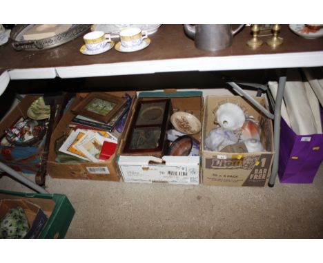 A quantity of various glass lamp shades, miscellaneous books and ephemera; china and glassware etc. contained in four boxes