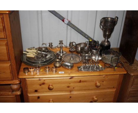 A quantity of various plated teaware, cutlery, trophy cup etc.