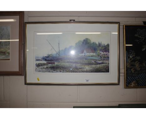 John Rivers, framed coloured print of Pin Mill signed to mount