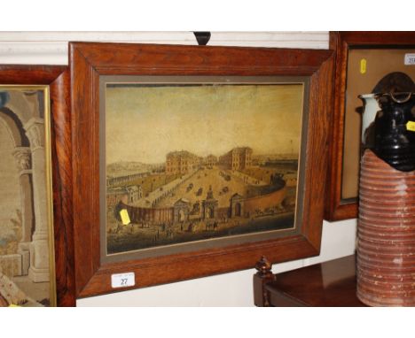 A Victorian oleograph print depicting a continental place in oak frame