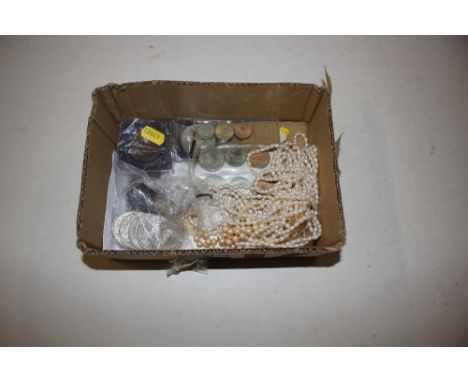 A quantity of various coins; a faux pearl necklace etc