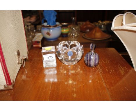 A Copenhagen crystal posy bowl; a Dartington glass paperweight; and a blue scent bottle 