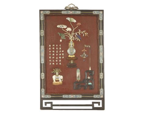 A large mixed media Panel,20th century, the centre with a cloisonné vase issuing jade and soapstone lotus and flowers with mo