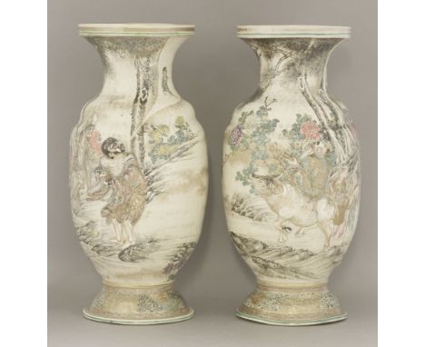 A pair of Kyoto creamware Vases,first half of the 19th century, each ovoid, 'hammered' body moulded in relief with Laozi, and