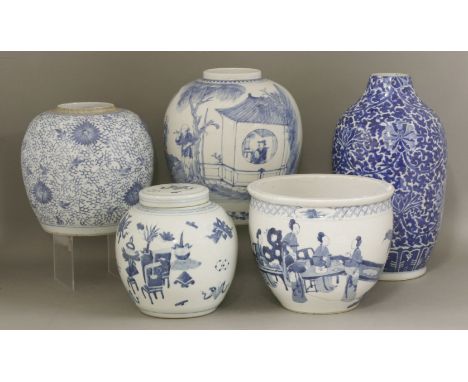 Three blue and white jars, 19th/20th century, variously painted in underglaze blue with asters and scrolling foliage, a rural