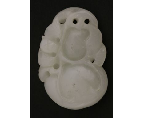 A white jade Pendant,18th century, a large double gourd growing from a stem hung with a smaller specimen and with a flying ba