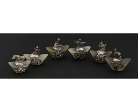 An unusual set of six silver and jade Zodiac Animals,c.1900, each jade of ingot form with either a horse, rat, snake, monkey,