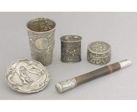 Chinese Silver (1870-1910),a Tumbler,c.1870, decorated with figures bowing in greeting and playing jianzi beneath a pine tree