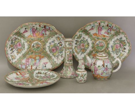 Canton, second half of the 19th century, two dishes, a plate, a teapot and cover, and a candlestick and small vase, each typi