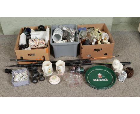 Three boxes of mostly miscellaneous ceramics to include Sylvac, Carlton Ware, cut glass, Becks trays, etc. Also includes a co