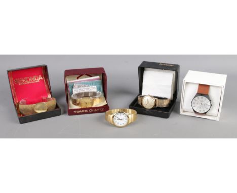 Five Gents watches, to include Accurist rolled gold 21 Jewels, Skagen, Sekonda quartz and Timex examples.  Accurist glass cra