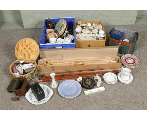 Two boxes of mostly miscellaneous ceramics to include Royal Standard Trend tea service, assorted walking sticks, tapestry fra