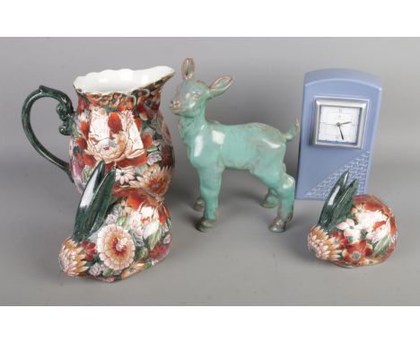 A box of assorted ceramics to include Peder Hald (1892-1987) ceramic deer, Wedgwood quartz clock, oriental floral jug and rab
