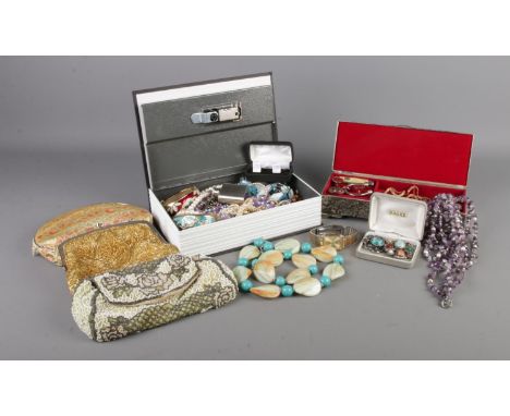 A quantity of costume jewellery and accessories. To include beaded necklaces, clip on earrings, boxed cufflinks, evening bags