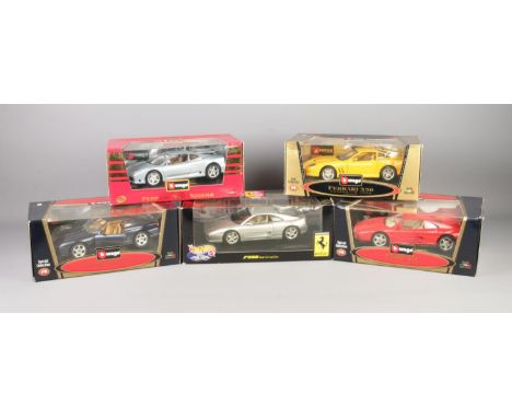 A collection of Ferrari 1:18 scale models including Burago 456 GT 1992, 550 Maranello 1996, 348 TB 1989, 360 Modena and a Hot