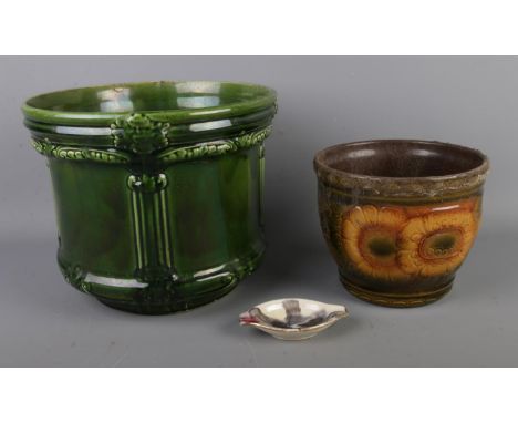 Two ceramic planters to include West German example decorated with sunflowers. Also includes small West German pin dish.