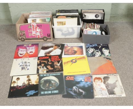 Three boxes and one case of assorted vinyl LP records and singles of mainly rock and pop to include Queen, Diana Ross, Ozzy O