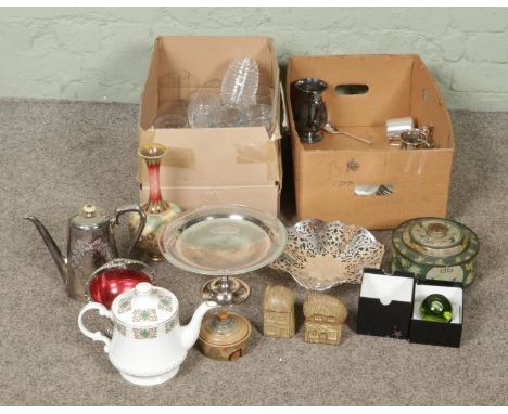 Two boxes of mixed collectables including Doulton Lambeth vase, Caithness glass paperweight, antique tin, silver plate items,
