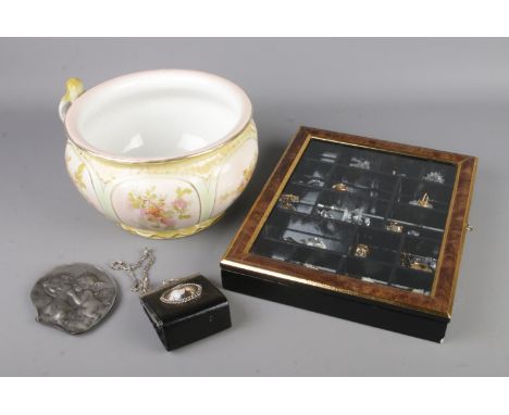 A collection of Swarovski and Swarovski style figures with a clutch bag and ceramic chamber pot.