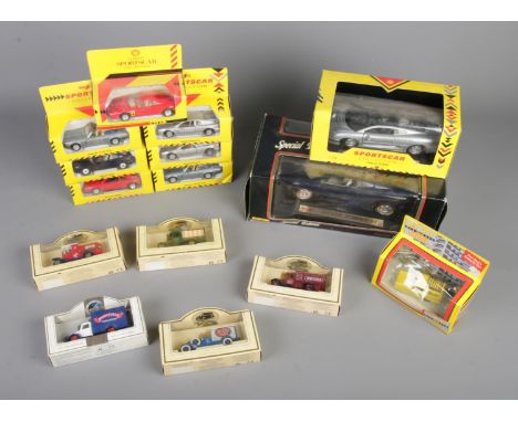 A box of assorted diecast vehicles to include Lledo Only Fools and Horses, Maisto Sportscar Collection, Promotional Models an